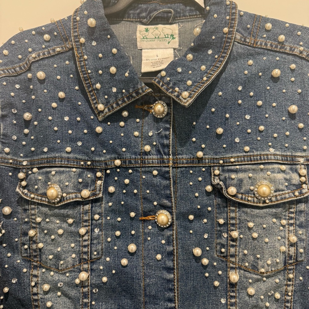 Vintage Pearl Embellished Oversized Denim Jacket - Picture 3 of 10